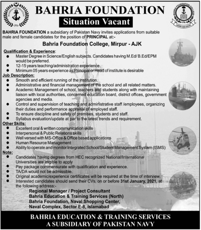 Bahria Foundation College Mirpur Latest Jobs in 2021