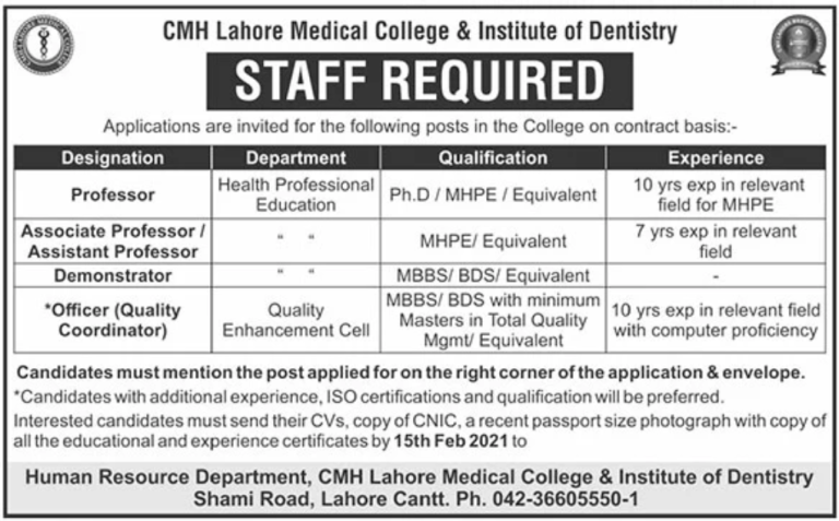 CMH Lahore Medical College and Institute of Dentistry Jobs in 2021