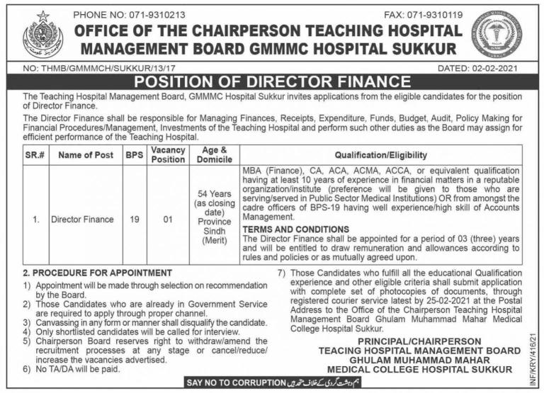 Office of the Chairperson Teaching Hospital Management Board Sukkur Jobs in 2021