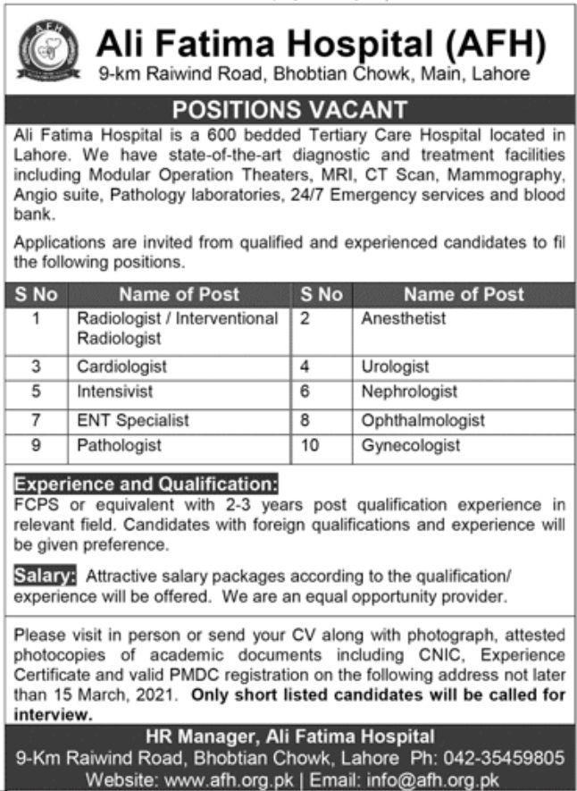 Ali Fatima Hospital AFH Lahore Latest Jobs in 2021