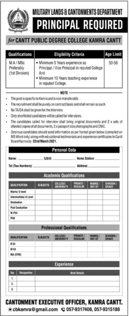 Cantt Public Degree College Kamra Latest Jobs in 2021