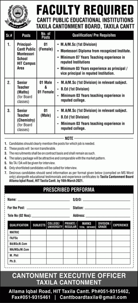 Cantt Public Educational Institutions Taxila Latest Jobs in 2021