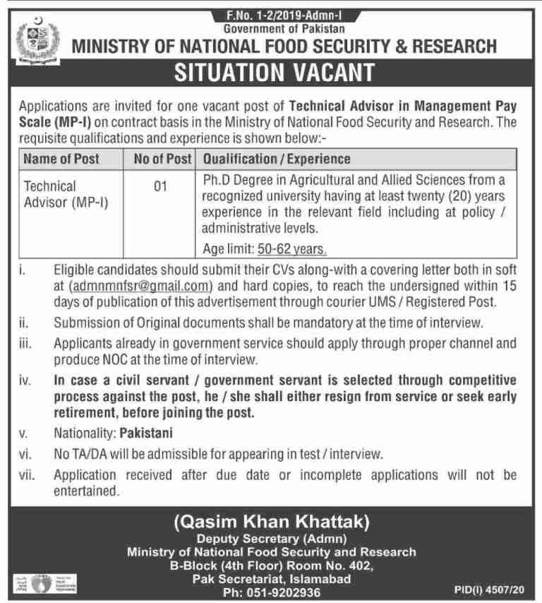 Ministry of National Food Security and Research Latest Job Opportunities in 2021