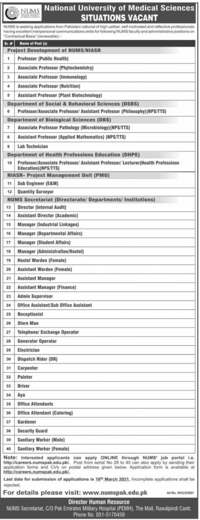 NUMS Rawalpindi Latest Jobs in 2021