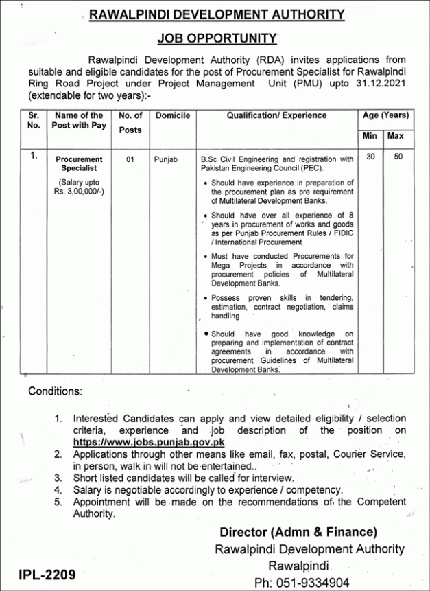 Rawalpindi Development Authority Latest Jobs in 2021