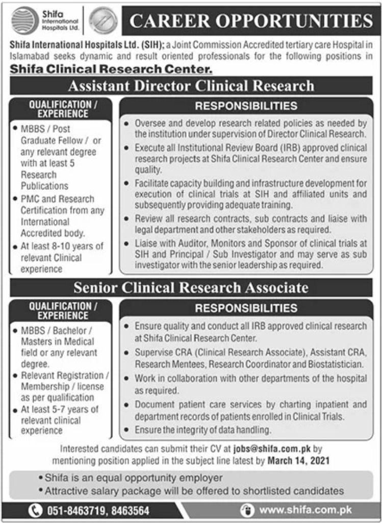 Shifa Clinical Research Center Latest Jobs in 2021