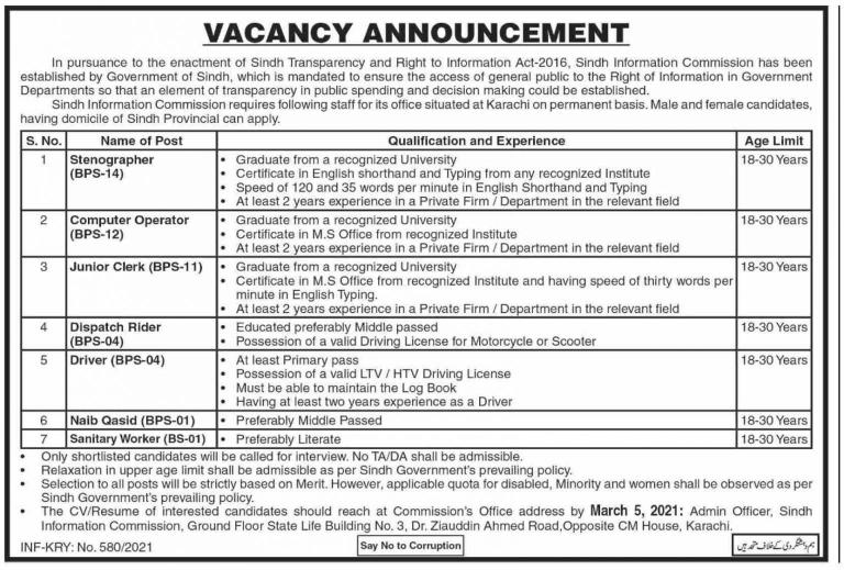 Sindh Information Commission Government Latest Job Opportunities in 2021